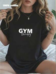 1 pieza de ropa de mujer, camiseta negra con estampado de terapia de gimnasio, camisetas, top blanco, camisetas gráficas para mujer, camiseta unisex casual de cuello redondo, tela ligera de 180 g/m², lavable a máquina, para primavera/verano/otoño, Halloween, Navidad, Día de San Valentín, 180 g, 100% algodón. - Negro - Ver 1