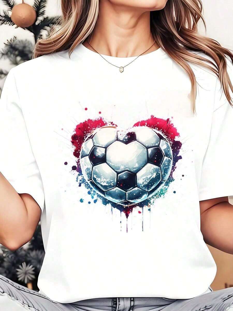 Camiseta Casual para Mujer, Cuello Redondo, Estampado de Balón de Fútbol y Corazón, Ropa Casual para Fanáticos del Fútbol, Día de San Valentín, 220g, 100% Algodón, Resistente - Blanco - Ver 1