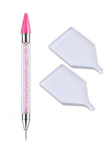 Includes 1pc Nail Art Rhinestone Dotting Pen And 2pcs Sorting Trays. Double-Ended Self-Adhesive Rhinestone Dotting Pen And White Rhinestone Storage Tray Suitable For DIY Rhinestone Crafts And Rhinestone Painting; Nail Art Decoration Tool. - Multicolor - View 12