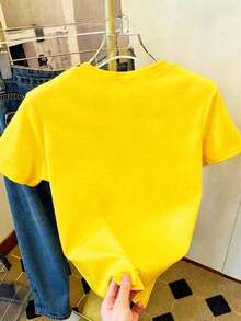 Camiseta de manga corta con cuello redondo para mujer, con estampado de perrito pasta, de alta elasticidad, estilo estándar italiano, cómoda y casual, adecuada para el verano, color blanco. - Amarillo - Ver 2