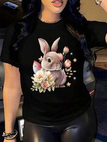 1 Piece Teddy Bear Heart Print T-Shirt For Valentine's Day, Women's Casual Short Sleeve Crew Neck T-Shirt, Cartoon Design, Unisex Vintage Style Loose Fit Cotton Short Sleeve Crew Neck T-Shirt For All Seasons, Blouses For Women. Casual Blouses For Ladies. Care Bear Print. Printed T-Shirt Care Bear Print. - 黑色 3 - 查看 1