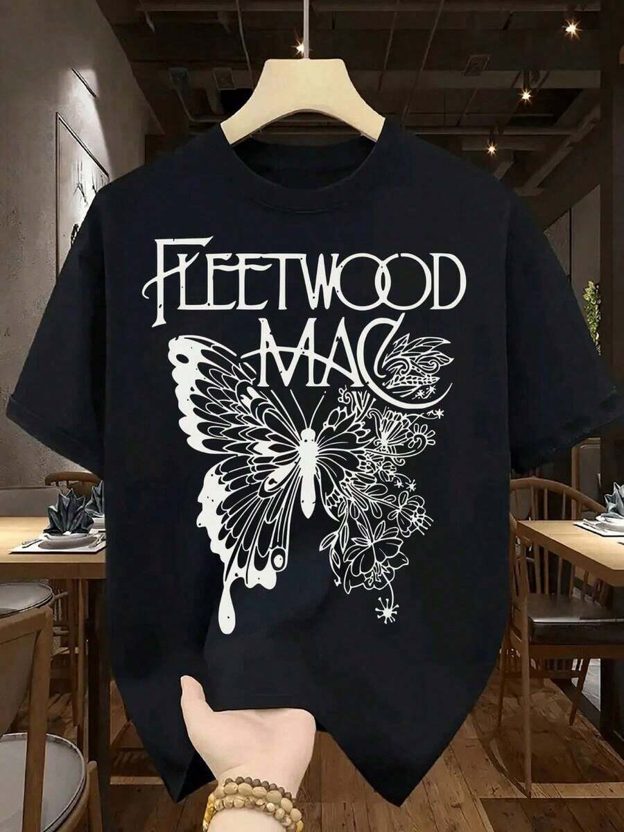 Playera mujer2026 Tops para mujer Camiseta de cuello redondo para mujer 1 pieza 100% 220g Camiseta digital con estampado de mariposa de la banda Fleetwood Holgada y cómoda Tops de verano Casual diario - Negro - Ver 1