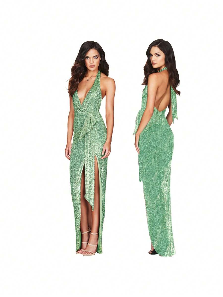 Emerald Green Sequined Women's Dress, Deep V-Neck Halter Neckline, High Side Slit, Elegant Maxi Design Ideal For Evening Parties, Graduations And Formal Winter Events, Glamorous Style Perfect For Celebrations And Elegant Dinners - 綠色 - 查看 1
