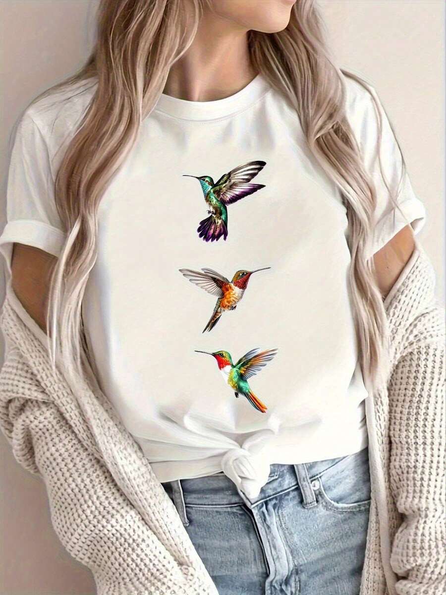 1 Piece Of Women's Short-Sleeved T-Shirt, Soft And Breathable, With Turquoise Hummingbird Print - Loose Summer Top With Round Neck, Machine Washable Casual Beachwear, Essential For Spring And Summer Outfits, 180g 100% Cotton. - 白色 - 查看 1