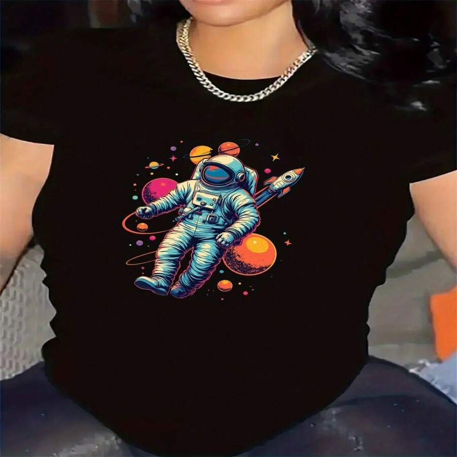 Women's Cotton High Stretch Round Neck Short Sleeve Regular T-Shirt With Astronaut Print Casual Style - 黑色 - 查看 1