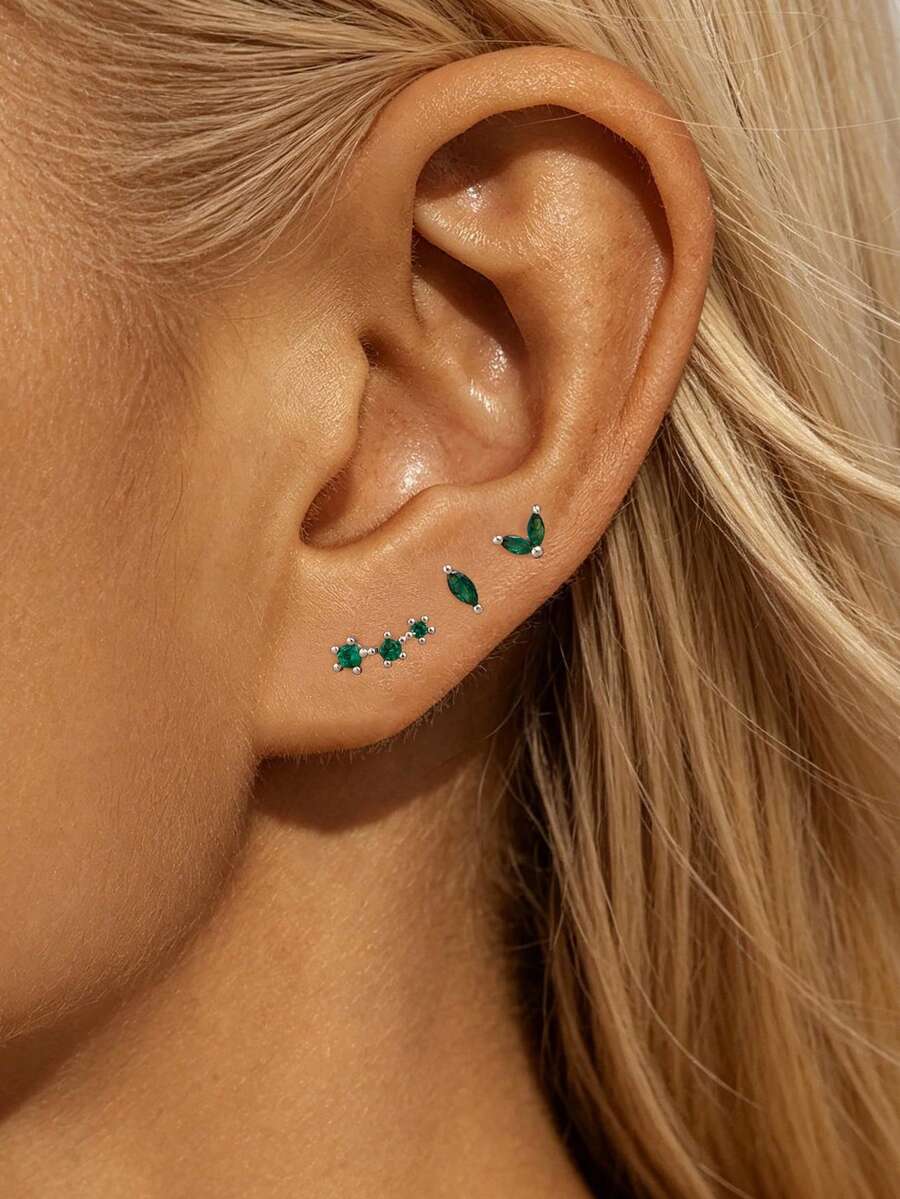 3PCS Fashion Stud Earrings Set For Women Stainless Steel Cubic Zirconia Leaf Flowers Temperament Earring Jewelry - 1-silver-3PCS - View 1