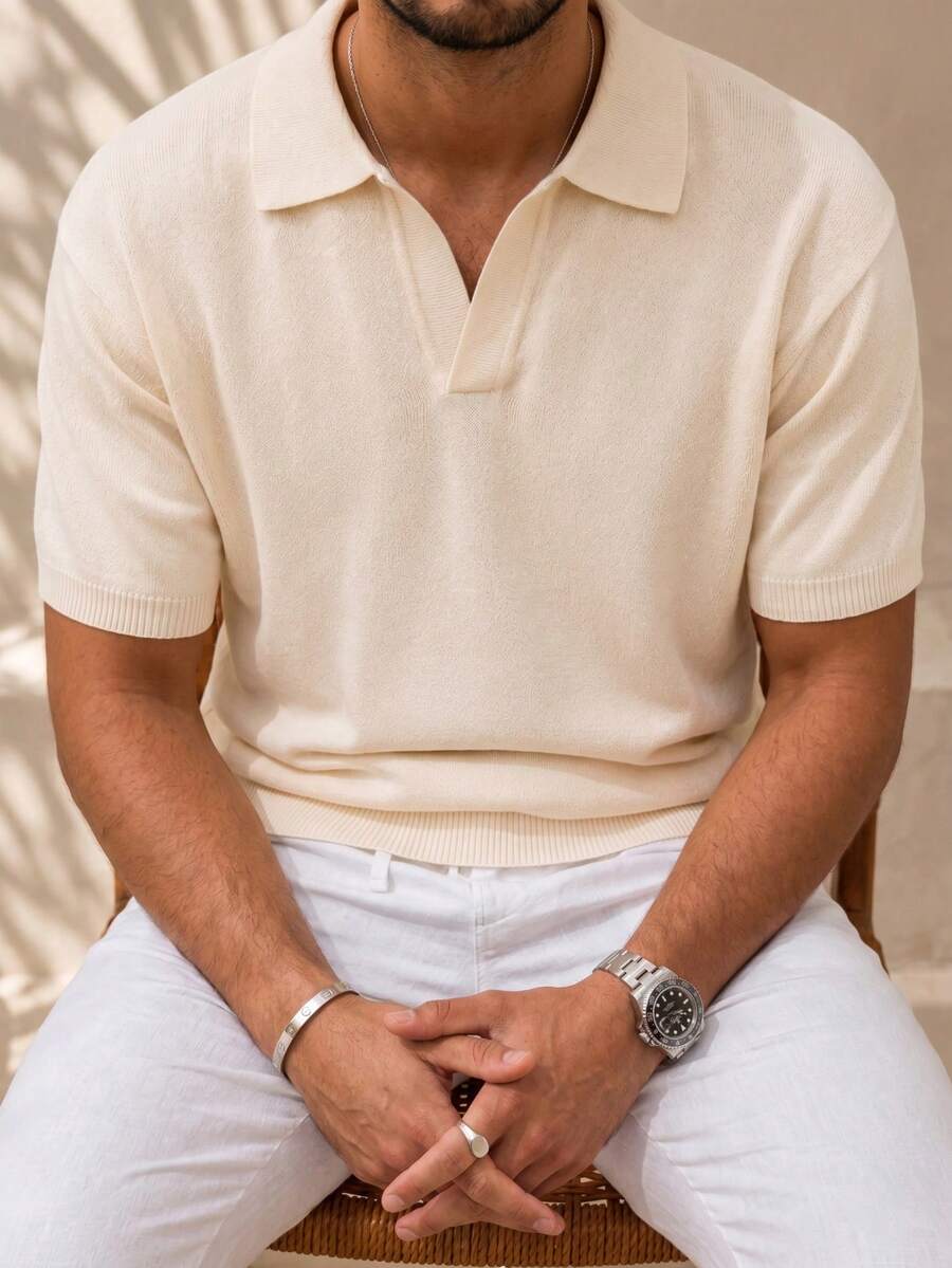 男士中性色春夏POLO領翻領純色寬鬆休閒百搭商務通勤度假日常短袖針織上衣卡其色毛衣 - 卡其色 - 查看 1