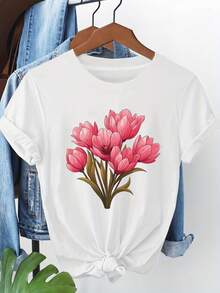 Camiseta de Mujer con Estampado Floral de Tulipanes, Perfecta para Salidas de Primavera y Paseos por el Jardín.Una camiseta de manga corta fresca y delicada que captura un estilo casual. - Blanco - Ver 1
