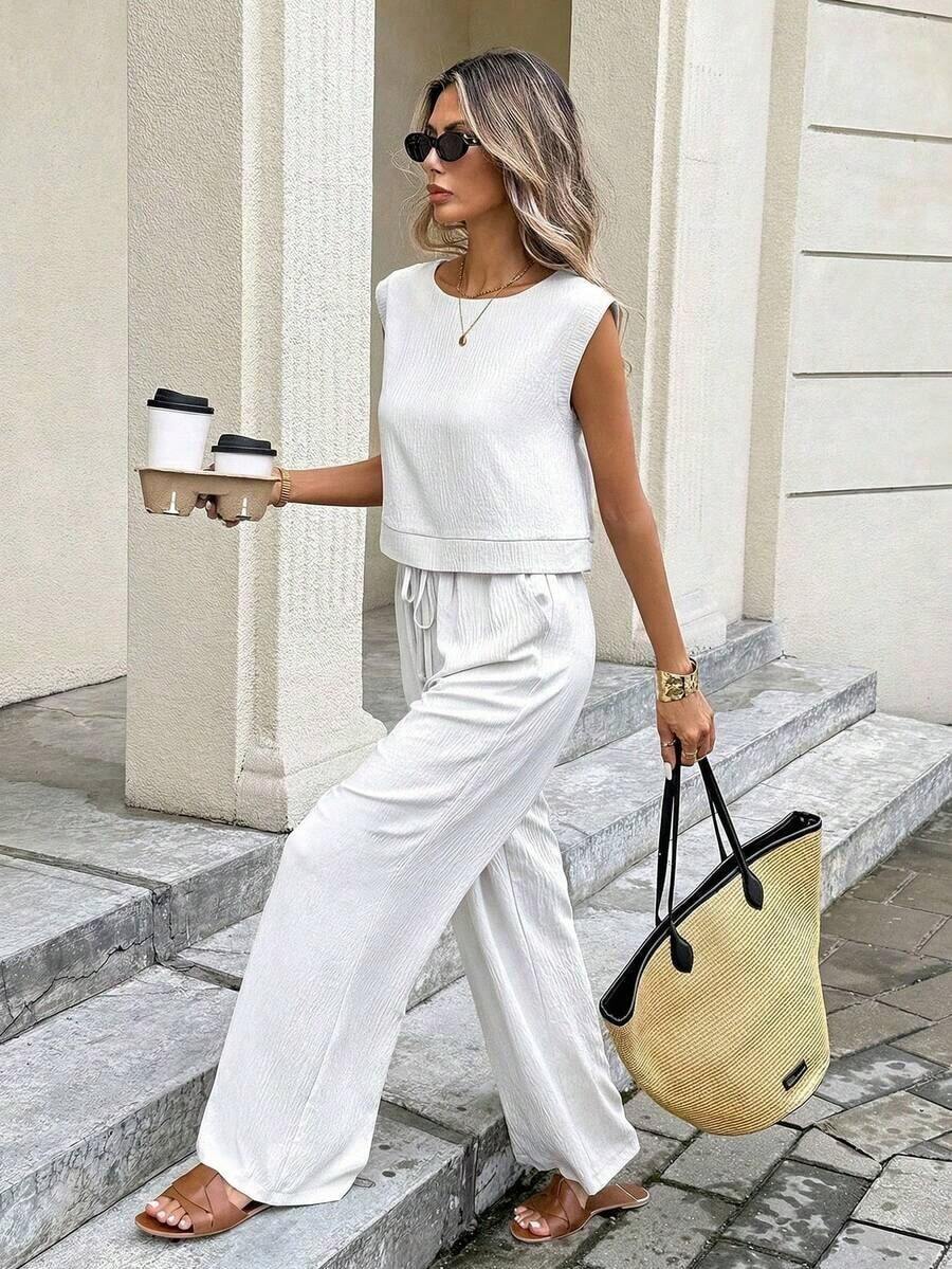 Conjunto de 2 piezas de chaleco y pantalones a cuadros casuales de vacaciones para mujer - Blanco - Ver 1