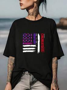 Breast Cancer Awareness Flag Print T-Shirt - 180G Women's Fashion T-Shirt, Perfect Gift For Family And Friends, Ideal For Fundraising Events And Awareness Campaigns - 黑色 - 查看 1