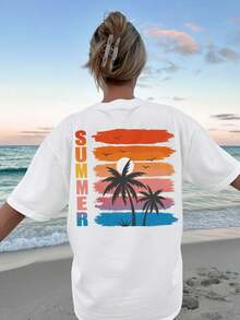 [Double-Sided Print] Women's Spring And Summer Clothing, Women's Tops, Vintage Style, Coconut Trees, Sunset, Short-Sleeved T-Shirt, Off-The-Shoulder, Pure Cotton, Plus Size [Quan K] Elegant Party Outfit, T-Shirt For Elegant Ladies, Blouses Suitable For Curvy Women, Prom Skirts, Casual Wear - 白色 - 查看 4