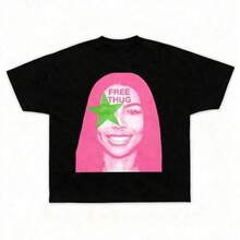 1 Piece Funny Retro 90s Rapper Cat Print T-Shirt, Round Neck, Short Sleeve, Women's Cotton, Summer, 180g, 100% Cotton. - Black 18 - View 1