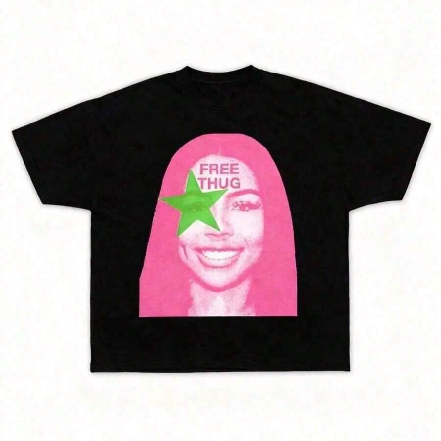 1 Piece Funny Retro 90s Rapper Cat Print T-Shirt, Round Neck, Short Sleeve, Women's Cotton, Summer, 180g, 100% Cotton. - Black 18 - View 1