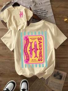 Women's Summer T-Shirt With Sardine Graphic Print, Short Sleeve, Round Neck, Casual, For Summer And Spring, Women's Clothing, Casual Short Sleeve Cotton T-Shirt For Summer Vacation - 杏色 - 查看 8