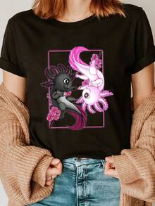Women's Oversized Graphic T-Shirt - Extra Large Anime Design With Axolotl And Cherry Blossom, Soft Cotton Short Sleeve Casual T-Shirt With Yin Yang Plush Mascot Design, Machine Washable For Summer And Spring, Comfortable Fit For All Seasons, Breathable Fabric, Choice Of Fashion Enthusiasts. Loose, Casual, And Versatile T-Shirt. - 黑色 - 查看 7