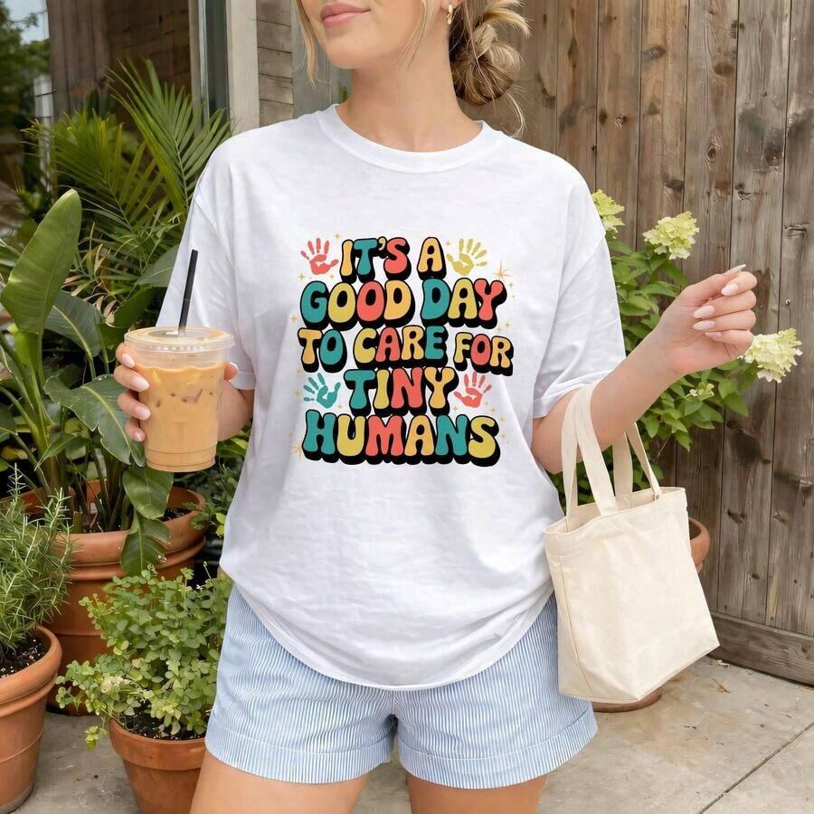Women's Casual T-Shirt, Graphic Tee With "It's A Good Day To Take Care Of Little Humans" Print – Short Sleeve, Crew Neck, Casual Printed T-Shirt, Lightweight And Comfortable For Everyday Wear, Basic Summer T-Shirt For Women, 100% Cotton, Durable - 白色 - 查看 1