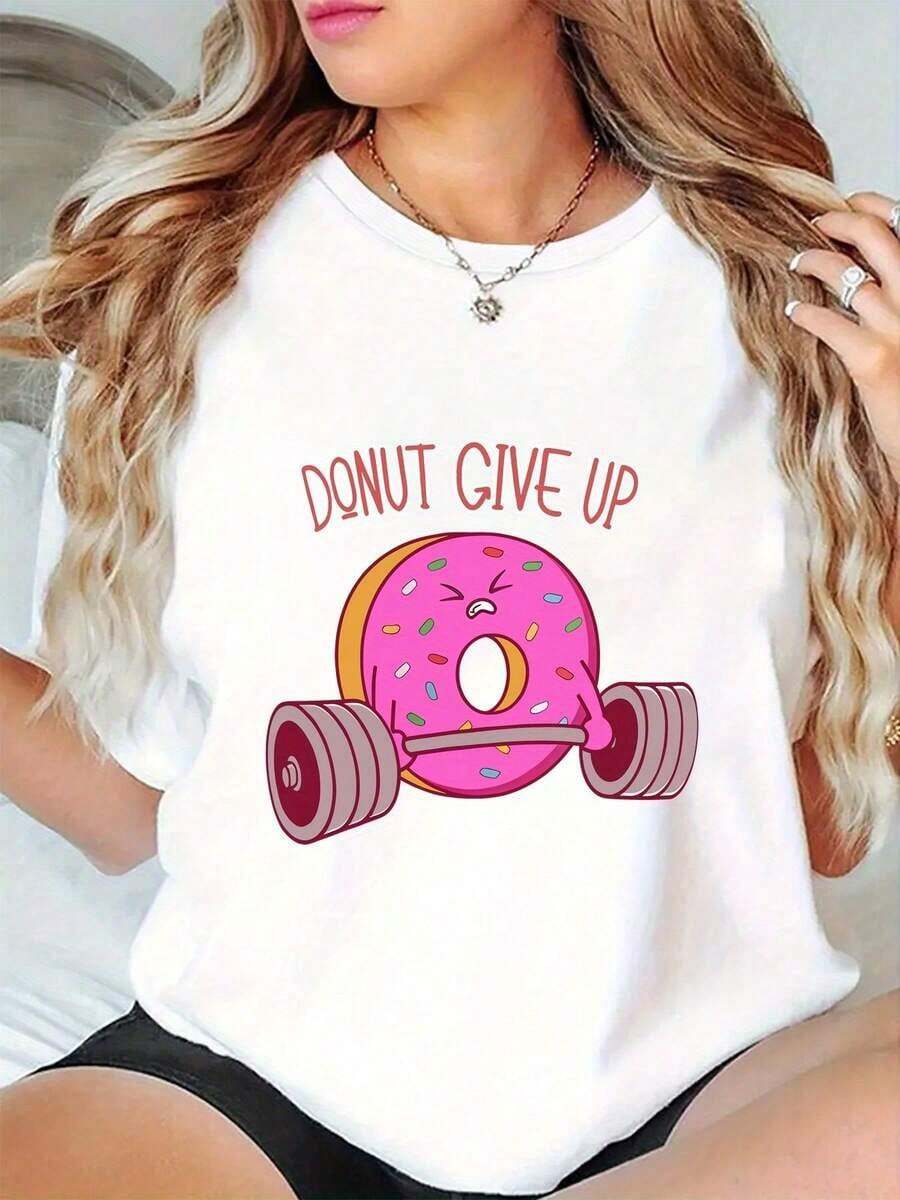 Women's Casual And Fashionable Activewear - Short-Sleeve Sports T-Shirt With Pink Donut And Fruit Print - Breathable, Sweat-Wicking, Lightweight, Comfortable, Soft - Unisex Vintage Urban Style, 100% Pure Cotton Short-Sleeve T-Shirt - 白色 - 查看 1