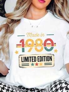 Women's Clothing. Women's T-Shirt Made In 1980, Limited Edition, Vintage Graphic Print, Casual Wear For Birthday Celebrations And Everyday Style, Women's Shirts - 白色 - 查看 1