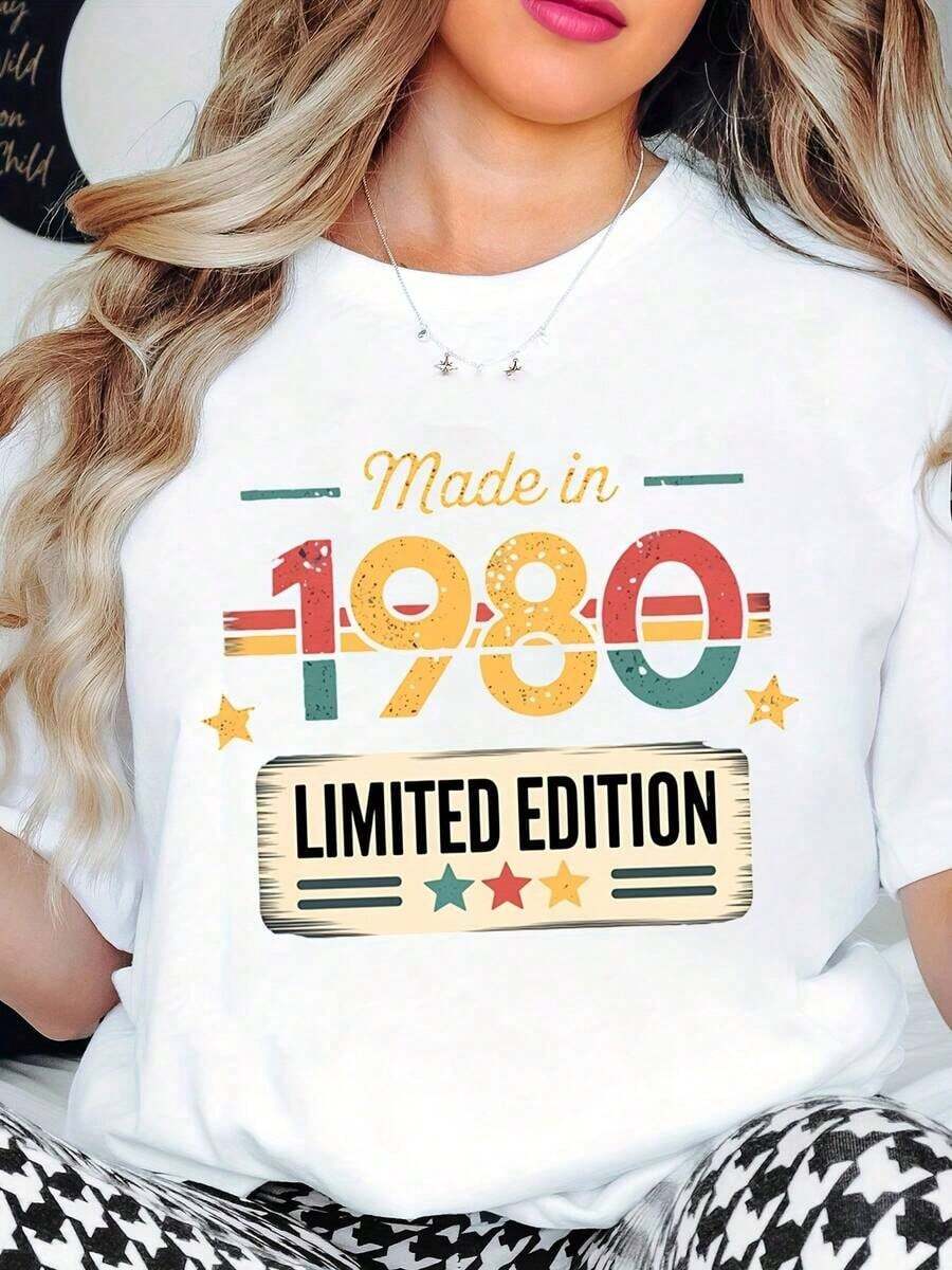Women's Clothing. Women's T-Shirt Made In 1980, Limited Edition, Vintage Graphic Print, Casual Wear For Birthday Celebrations And Everyday Style, Women's Shirts - 白色 - 查看 1