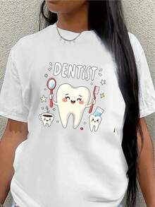 Short-Sleeved T-Shirt With A Charming Dental Design, Ideal For Home, Work, Or Casual Outings. Lightweight And Durable, Perfect For Dental Enthusiasts Seeking Everyday Comfort. Women's Blouses > Clothing - 白色 - 查看 1