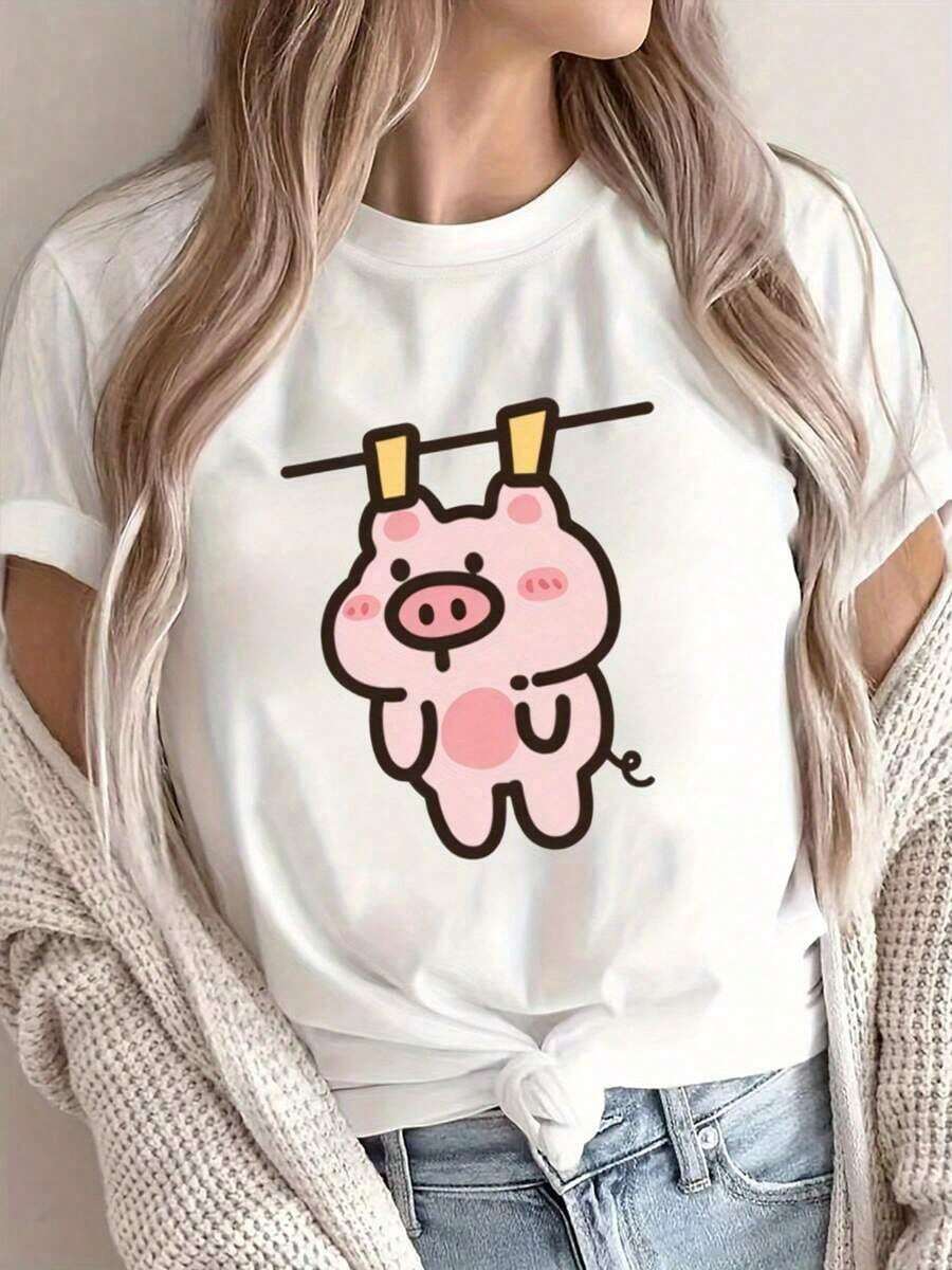 Under The Radar Women's Casual Short Sleeve T-Shirt With Pig And Clothesline Print - Soft Polyester Crew Neck T-Shirt, Pink, Machine Washable, Comfortable For All Seasons, 100% Cotton Ladies' T-Shirts. Unisex Loose Fit Short Sleeve Crew Neck Cotton T-Shirt, Urban Vintage Style - 白色 - 查看 1