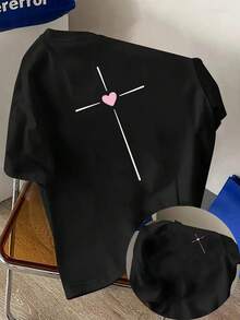 New Men's T-Shirt, 180g Weight, % Cotton, With Heart Cross And Pink Heart Prints On The Front And Back, A Modern Short-Sleeved T-Shirt, Suitable For Casual Daily Wear And Outdoor Fitness Activities, With A Unique Double-Sided Pattern Design - To Be Layered In Spring And Autumn And Worn Alone In Summer, Unisex. - 黑色 - 查看 1