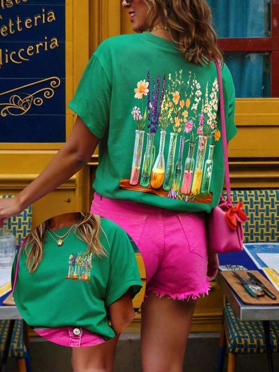 Women's T-Shirt, Casual Urban Style, Short Sleeve Graphic T-Shirt, Cute Summer T-Shirt - 綠色 2 - 查看 1