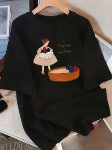 Simple And Versatile Design, Minimalist Casual T-Shirt, New Pure Cotton Summer T-Shirt, Unique Printed Design, Short Sleeve, Round Neck, Loose Fit Women's T-Shirt, Women's Clothing, Cotton T-Shirt - 黑色 - 查看 7