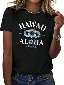 Camiseta transpirable para mujer con estampado de hibisco hawaiano y aloha - Camiseta casual de manga corta y cuello redondo con diseño de flores hawaianas, color negro, tallas S-2XL. Ropa con temática hawaiana, ropa de playa y uso diario, corte holgado y cómodo, estilo vintage urbano, camiseta de algodón. Camisetas para hombre, ropa occidental para hombre, camisas para hombre, camisetas gráficas, ropa gráfica para mujer, tops de verano, ropa de verano, playeras de mujer de algodón, ropa premium para mujer. - Negro - Ver 1