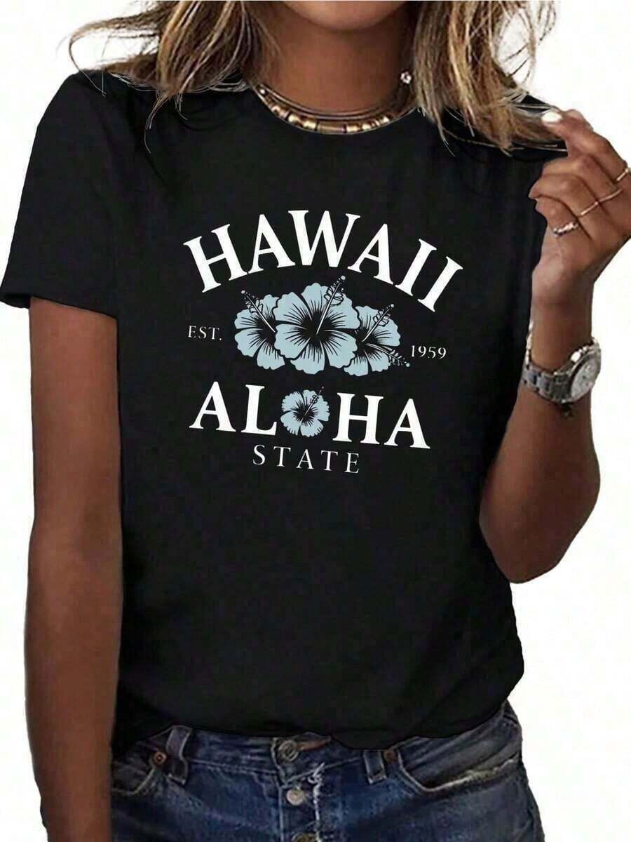 Camiseta transpirable para mujer con estampado de hibisco hawaiano y aloha - Camiseta casual de manga corta y cuello redondo con diseño de flores hawaianas, color negro, tallas S-2XL. Ropa con temática hawaiana, ropa de playa y uso diario, corte holgado y cómodo, estilo vintage urbano, camiseta de algodón. Camisetas para hombre, ropa occidental para hombre, camisas para hombre, camisetas gráficas, ropa gráfica para mujer, tops de verano, ropa de verano, playeras de mujer de algodón, ropa premium para mujer. - Negro - Ver 1