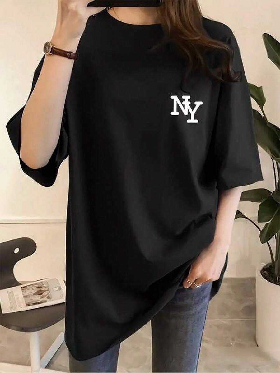 Camisetas para mujer cuello redondo básica moderna S-3XL, estilo urbano para jóvenes, moda streetwear, uso informal, looks diarios, fiestas nocturnas y regalos prácticos - Negro - Ver 1