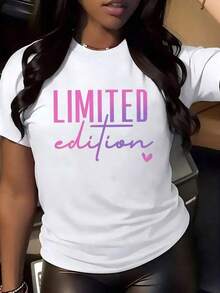 Limited Edition Women's T-Shirt, Modern Minimalist Style, With "Limited Edition" Lettering Print In Pink And Purple - Elastic, Short Sleeve, Gradient Design In Pink And Purple, Suitable For Everyday Wear And Special Occasions, Casual Everyday. - 白色 - 查看 1