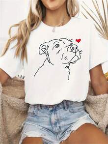 Adorable Pet Theme Pattern Print T-Shirt, Cute Tee, Stylish All-Season T-Shirt, Casual Short Sleeve Crew Neck Sports T-Shirt, Gym Workout Top, Cycling T-Shirt, Exotic Style Top, Women's Clothing - Material Of - 白色 - 查看 1