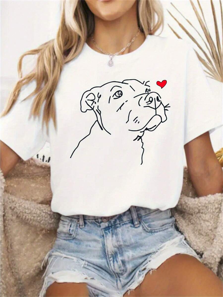 Adorable Pet Theme Pattern Print T-Shirt, Cute Tee, Stylish All-Season T-Shirt, Casual Short Sleeve Crew Neck Sports T-Shirt, Gym Workout Top, Cycling T-Shirt, Exotic Style Top, Women's Clothing - Material Of - 白色 - 查看 1