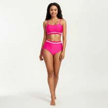 Women's Two Piece Bikini Set With Scoop Neck Top High Waist Bottom And Contrast Trim - Large, Fuchsia - Rose Red - View 3