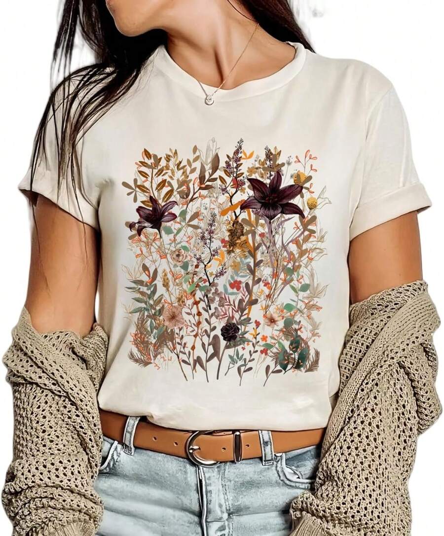 1 Piece Casual Fashion For Men And Women Vintage Boho Floral Flower Print T-Shirt Graphic Short Sleeve T-Shirt Versatile, Easy To Match, Suitable For Daily Wear, Street Style, Holiday Outfits, Weekend Outfits. - 米色-7 - 查看 1