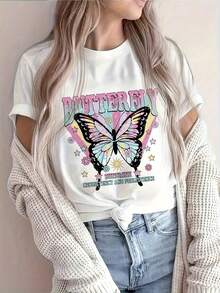 Women's Plus-Size Printed Short-Sleeve Crew Neck T-Shirt, Breathable And Perfect For Summer. This Casual, Butterfly-Print T-Shirt Is Ideal For Spring, Summer, And Fall. Suitable For Year-Round Wear, It's Simple, Makes A Great Gift, And Is Perfect For Everyday Wear, Especially During The Cool Summer Months. - 白色的 - 查看 1