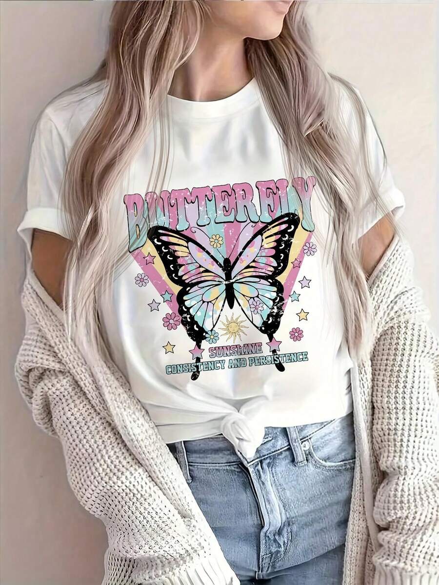 Women's Plus-Size Printed Short-Sleeve Crew Neck T-Shirt, Breathable And Perfect For Summer. This Casual, Butterfly-Print T-Shirt Is Ideal For Spring, Summer, And Fall. Suitable For Year-Round Wear, It's Simple, Makes A Great Gift, And Is Perfect For Everyday Wear, Especially During The Cool Summer Months. - 白色的 - 查看 1