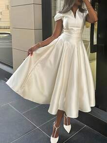 Summer Dresses For Womenvestidos Elegantes De MujerSolid Color Short Sleeves V-Neck Midi DressesLoose And Comfortabledresses For Womendresses For Women - 白色 - 查看 3
