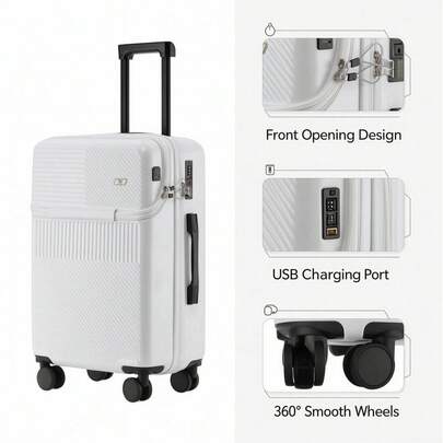 20 Inch Carry-On Luggage With Cup Holder  – Front Opening Spinner Suitcase, Lightweight PC+ABS, 360° Wheels, Cabin Approved Travel Case