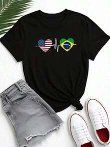 100% Cotton. Women's Black T-Shirt With US And Brazil Heartbeat Design - Casual Short-Sleeve T-Shirt For Summer And Spring - Perfect For Sports Fans And Patriotic Events - 100% Cotton. Women's Simple Solid Color T-Shirt, Loose And Slim Fit Casual Short Sleeve - 白色的 - 查看 7