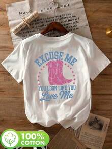Vintage American Style Cowboy Boots In Purple And Red With A Red Star Print And A Short-Sleeved Crew Neck T-Shirt With A Graphic Print Of "EXCUSE ME / YOU LOOK LIKE YOU Love Me" In Light Blue And Pink, Suitable For Spring, Summer And Autumn, Summer Holiday Outfit - 彩色 - 查看 4