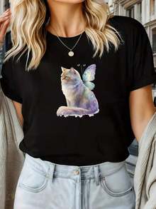 Women's Short Sleeve Summer T-Shirt With Kitten And Butterfly Print - Casual Round Neck Blouse, Machine Washable, All Season Top, Cute Cat And Color Block Outfits For Casual Wear - Gift For Her (In Stock) Women's Blouses > Clothing - 黑色 - 查看 7