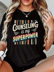 "Consulting Is My Superpower" T-Shirt - Black Short Sleeve T-Shirt With Rainbow Lettering And Consulting Book Cover Design (Cognitive Behavioral Therapy, CBT) - Professional Consultant Clothing Y2K Style Suitable For Therapists And Mental Health Professionals - 黑色 - 查看 7