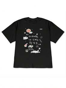 1 Piece Of Unique Women's Casual T-Shirt, Short Sleeve And Dropped Shoulders, No Duplicates! Fun T-Shirt With Hand-Drawn Print, Relaxed Style, Loose Fit, Ideal For Couples, 180g 100% Cotton. - 白色 - 查看 6