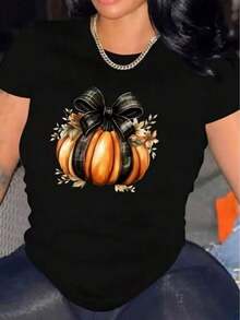 Soft Women's T-Shirt, Casual For Everyday Wear, With Pumpkin Print, Plaid Bow And Flowers, Casual Blouse Suitable For Daily Leisure, Elegant Blouses For Ladies. - 黑色 - 查看 1