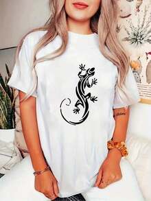 Soft 100% Cotton T-Shirt, 1 Piece, Minimalist Design For Women, 100% Cotton, Soft And Skin-Friendly, Versatile Casual Style, Round Neck, Short Sleeve, Lizard Print, Casual Sports T-Shirt For Women, Round Neck, Short Sleeve, Comfortable Top For Summer, Winter Clothing For Women - Breathable Cotton Clothing For Everyday Wear In Summer, Matches Everything. - 白色 - 查看 1