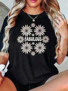 Soft, Breathable, And Lightweight For All-Day Comfort. Black T-Shirt With A Daisy Print And The Word "Fabulous". | Crew Neck, Short Sleeves, Casual Style, Slightly Stretchy Fabric. Classic Neckline With A Relaxed Fit That Flatters All Body Types And Is Easy To Pair With Jeans, Shorts, And Leggings. - 白色 - 查看 6