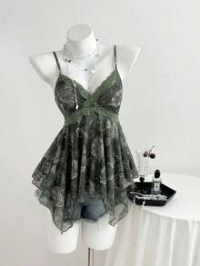 Top de mujer con estampado de leopardo y dobladillo asimétrico con encaje - Verde Oliva - Ver 1