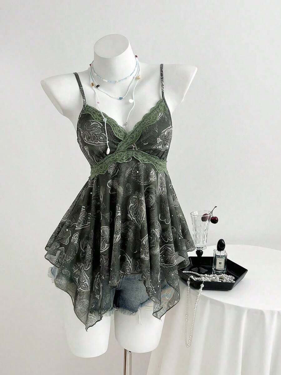 Top de mujer con estampado de leopardo y dobladillo asimétrico con encaje - Verde Oliva - Ver 1
